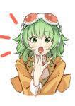  1girl absurdres commentary goggles goggles_on_head green_eyes green_hair gumi hand_up highres hymgkamui jacket light_blush long_sleeves medium_hair open_mouth solo upper_body vocaloid 