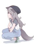  1girl animal_ears beanie black_headwear black_socks blue_overalls fox_ears fox_girl fox_tail green_footwear grey_hair hat highres jaana_kettu lyrinne original overalls red_eyes shadow shirt simple_background socks solo squatting tail white_background white_shirt 