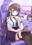  1girl a20_(atsumaru) airi_kanna blush bracelet breasts brown_hair brown_necktie brown_thighhighs chair character_doll closed_mouth collared_shirt computer crossed_legs demon_girl demon_tail desk dot_nose earrings feet_out_of_frame gaming_chair hand_on_own_chest hand_on_own_leg head_wings high-waist_skirt highres jewelry keyboard_(computer) long_bangs long_hair long_sleeves looking_at_viewer medium_breasts monitor necktie o-ring o-ring_thigh_strap plaid plaid_skirt pleated_skirt pom_pom_(clothes) pom_pom_earrings purple_skirt raised_eyebrows school_uniform shirt shirt_tucked_in sidelocks sitting skirt sleeves_rolled_up smile solo stellive straight_hair swivel_chair tail tented_shirt thigh-highs thigh_strap thighs virtual_youtuber white_shirt wings 