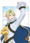  1boy alfred_(fire_emblem) arm_up ascot blonde_hair cape circlet fire_emblem fire_emblem_engage frilled_sleeves frills green_eyes hair_ornament highres long_sleeves looking_to_the_side mikami short_hair smile solo yellow_ascot 