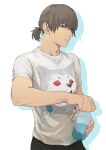  1boy alternate_costume aragaki_shinjirou bottle brown_eyes brown_hair closed_mouth hair_between_eyes holding holding_bottle isa_(peien516) koromaru_(persona) looking_at_viewer male_focus persona persona_3 ponytail shirt short_ponytail short_sleeves simple_background solo t-shirt upper_body water_bottle white_background 