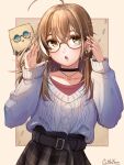 1girl :&gt; :o absurdres ahoge belt berry black_choker brown_eyes brown_hair brown_skirt choker crossed_bangs earrings fingernails food-themed_earrings friend_(nanashi_mumei) glasses highres hololive hololive_english jewelry long_hair looking_at_viewer multicolored_hair nanashi_mumei nanashi_mumei_(3rd_costume) official_alternate_costume open_mouth oversized_clothes plaid plaid_skirt red_shirt round_eyewear shirt simple_background skirt sleeves_past_wrists smile streaked_hair sweater very_long_hair virtual_youtuber white_sweater yuutatogisa 