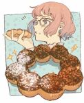  1girl copyright_request doughnut food food_on_face glasses grey_eyes holding holding_food long_sleeves lowres pink_hair pon_de_ring portrait shadow short_hair solo torianco3 