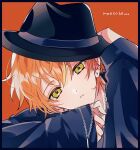  1boy black_border black_headwear blonde_hair border closed_mouth commentary_request earrings fedora gg_suyari green_eyes hat hoop_earrings jewelry long_sleeves looking_at_viewer male_focus multicolored_hair necklace official_alternate_costume orange_background orange_hair project_sekai shinonome_akito short_hair solo streaked_hair stud_earrings two-tone_hair upper_body walk_on_and_on_(project_sekai) 