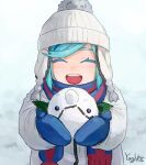  1boy :d aged_down beanie blue_mittens blue_scarf blush closed_eyes commentary_request day eyelashes green_eyes grusha_(pokemon) hat highres jacket male_focus open_mouth outdoors pokemon pokemon_(game) pokemon_sv scarf signature smile snow snowball teeth upper_teeth_only white_headwear yuu_(hguy_sv) 