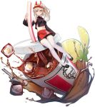  1girl ayanami_(azur_lane) ayanami_(cola_fills_you_with_determination)_(azur_lane) azur_lane bare_shoulders black_footwear commentary_request crop_top cup detached_sleeves disposable_cup drink drinking_straw highres ice ice_cube kfc long_hair long_sleeves looking_at_viewer navel official_alternate_costume official_art ootsuki_momiji orange_eyes ponytail red_headwear sidelocks simple_background sitting soda stomach thigh-highs transparent_background white_hair white_thighhighs 