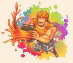  1boy blonde_hair bucket closed_eyes clothes_around_waist granblue_fantasy holding holding_bucket jacket jacket_around_waist large_pectorals male_focus muscular muscular_male oneirio open_mouth orange_shirt paint_on_body paint_on_clothes paint_splatter paint_splatter_on_face pants pectorals shirt short_hair smile solo twitter_username vane_(granblue_fantasy) white_jacket white_pants 