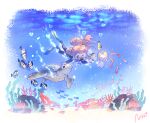  &gt;_o 1girl algae brown_eyes bubble cat coral_reef diving diving_suit fish highres long_hair momo_(miracle_nikki) nikki_(miracle_nikki) ocean official_art one_eye_closed open_mouth oxygen_tank pink_hair sand shining_nikki signature turtle underwater water white_cat yellow_cloak 
