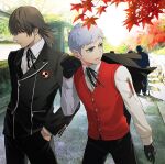  2boys aragaki_shinjirou black_gloves black_jacket brown_eyes brown_hair closed_mouth day gekkoukan_high_school_uniform gloves grey_eyes grey_hair hands_in_pockets holding holding_clothes holding_jacket isa_(peien516) jacket leaf male_focus multiple_boys necktie outdoors pants parted_lips persona persona_3 red_sweater_vest sanada_akihiko school_uniform shirt sweater_vest white_shirt 