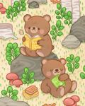  animal_ears arcasian bear bear_ears bear_tail book brown_fur chibi forest grass highres mushroom nature on_grass original reading rock sleeping tail tree 