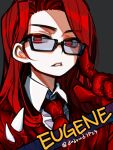  1girl collared_shirt commentary_request employee_(lobotomy_corporation) glasses gloves grey_background jacket lobotomy_corporation long_sleeves necktie project_moon rectangular_eyewear red_eyes red_gloves red_jacket red_necktie redhead shirt shot_(urem) simple_background solo white_shirt 