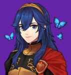  1girl absurdres alternate_costume blue_butterfly blue_eyes blue_hair bug butterfly cape closed_mouth commentary commission english_commentary fire_emblem fire_emblem:_three_houses fire_emblem_awakening garreg_mach_monastery_uniform hair_between_eyes highres lips long_hair looking_at_viewer lucina_(fire_emblem) pink_lips purple_background red_cape sethkiel simple_background smile solo tiara 