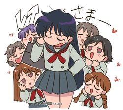  6+girls bishoujo_senshi_sailor_moon blush brown_hair closed_eyes grey_skirt heart heart-shaped_pupils hino_rei multiple_girls open_mouth purple_hair red_ribbon ribbon school_uniform simple_background skirt symbol-shaped_pupils translation_request tsubobot white_background 