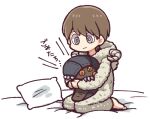  1boy @_@ barefoot brown_hair closed_mouth commentary_request employee_(lobotomy_corporation) grey_eyes hatake_shimeji holding holding_stuffed_toy hood hood_down kneeling lobotomy_corporation long_sleeves no_nose on_bed onesie pillow project_moon short_hair stuffed_toy the_perfect_food translation_request white_background 