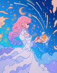  1girl absurdres black_eyes blue_hair braid crescent_moon dress gradient_hair highres holding holding_teapot long_dress meyoco moon multicolored_hair original pink_hair single_braid sky solo teapot white_dress 