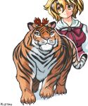  1girl absurdres black_hair blonde_hair breasts claws commentary dated english_commentary hair_ornament highres looking_to_the_side multicolored_hair profitshame simple_background tiger toramaru_shou toramaru_shou_(tiger) touhou two-tone_hair white_background yellow_eyes 