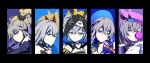  5girls absurdres benghuai_xueyuan black_border black_hoodie blue_jacket border bow bronya_rand bronya_zaychik bronya_zaychik_(haxxor_bunny) bronya_zaychik_(herrscher_of_reason) bronya_zaychik_(wolf&#039;s_dawn) bubble_blowing closed_mouth coat collared_shirt earrings eyewear_on_head grey_eyes grey_hair hair_bow hair_ornament highres honkai:_star_rail honkai_(series) honkai_impact_3rd hood hoodie jacket jewelry long_hair looking_at_viewer luyue multiple_girls multiple_persona polka_dot polka_dot_bow scarf shirt silver_wolf_(honkai:_star_rail) single_earring smile upper_body white_coat white_scarf 