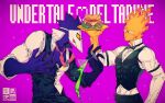  2boys absurdres acid bird black_pants burger crossover deltarune elemental_(creature) fire food glasses grillby highres mask multiple_boys necktie no_mouth pants pink_necktie swatch_(deltarune) tongue tongue_out undertale uniform waiter yokaze_(xxxdisxxx) 