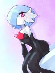  1girl :o artist_name bare_shoulders black_dress blue_hair colored_skin commentary dress english_commentary gardevoir hair_over_one_eye highres light_blue_hair looking_at_viewer one_eye_covered open_mouth pokemon pokemon_(creature) rob_ishi short_hair sitting slit_pupils solo violet_eyes white_skin 