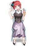  1girl :o absurdres black_camisole black_footwear black_ribbon blue_eyes camisole collared_shirt food go-toubun_no_hanayome hair_ribbon head_tilt highres holding holding_food holding_spoon ice_cream illust_wakaba long_skirt looking_at_viewer nakano_nino puffy_short_sleeves puffy_sleeves purple_skirt redhead ribbon shirt short_sleeves side_ponytail skirt solo spoon 