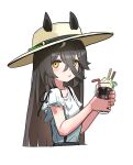  1girl alternate_costume animal_ears black_hair blouse blue_shirt blush closed_mouth cup drinking_glass drinking_straw ears_through_headwear hair_between_eyes hat highres holding holding_cup horse_ears horse_girl long_hair looking_at_viewer manhattan_cafe_(umamusume) multicolored_hair shirt short_sleeves simple_background solo strap streaked_hair sun_hat takuan_(taku1219oekaki) umamusume upper_body very_long_hair white_background white_hair wide_brim yellow_eyes 