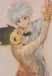  2boys alternate_costume arm_around_waist black_bow black_bowtie black_hair blue_eyes bow bowtie brown_eyes brown_suit from_above gon_freecss highres hunter_x_hunter killua_zoldyck long_sleeves looking_at_viewer male_child multiple_boys short_hair simple_background spiky_hair suit tiorrr1 upper_body white_background white_hair white_suit 