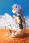  1girl absurdres ayanami_rei blue_hair blue_sky bodysuit closed_mouth clouds commentary curled_fingers dated day dirty dirty_clothes dirty_face dripping end_of_evangelion expressionless from_side full_body gloves hair_between_eyes hand_on_own_chest hand_up highres interface_headset knee_up lcl long_sleeves looking_ahead messy messy_hair neon_genesis_evangelion outdoors partially_immersed pilot_suit plugsuit power_lines profile red_eyes rizottodesu short_hair signature sketch sky solo spoilers squatting utility_pole wading wet wet_clothes wet_hair white_bodysuit white_gloves 