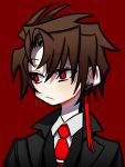  1boy black_jacket black_vest brown_hair closed_mouth collared_shirt commentary_request earrings employee_(lobotomy_corporation) jacket jewelry korean_commentary lobotomy_corporation male_focus mixed-language_commentary necktie no_nose open_clothes open_jacket portrait project_moon red_background red_eyes red_necktie shirt short_hair shot_(urem) simple_background single_earring tassel tassel_earrings vest white_shirt 