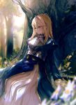  1girl ahoge armor artoria_pendragon_(fate) blonde_hair blue_dress breastplate dress fate/stay_night fate_(series) forest green_eyes hair_down highres juliet_sleeves light_rays long_hair long_sleeves lying nature nigiri outdoors puffy_sleeves saber sleeping sleeping_with_eyes_open solo sunbeam sunlight tree 