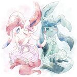  ;) blue_eyes blush bright_pupils closed_mouth clothed_pokemon commentary_request dress fang fang_out frills glaceon green_eyes highres looking_at_viewer no_humans one_eye_closed pokemon pokemon_(creature) remedy_matome smile sylveon white_pupils 
