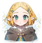  1girl blonde_hair blue_shirt blush braid brown_cape cape commentary_request cropped_shoulders crown_braid hair_ornament hairclip highres looking_at_viewer open_mouth parted_bangs pointy_ears princess_zelda sakura_yuki_(clochette) shirt short_hair solo the_legend_of_zelda the_legend_of_zelda:_tears_of_the_kingdom white_background 