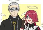  1boy 1girl a5rkgk angel arknights black_gloves black_shirt character_request exusiai_(arknights) eye_mask gloves halo priest redhead shirt short_hair sleep_mask smile white_hair 