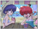  beach blue_hair blue_sky breasts closed_eyes clouds cloudy_sky coca-cola drinking drinking_straw drinking_straw_in_mouth happy hay multiple_girls ranma-chan ranma_1/2 sand short_hair sky soda tendou_akane translation_request wanta_(futoshi) water 