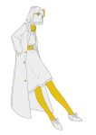 1girl absurdres belt bow bowtie closed_mouth coat full_body hamelon310 hands_in_pockets highres library_of_ruina looking_at_viewer medium_hair one_eye_closed pantyhose project_moon shoes skirt solo tiphereth_a_(project_moon) white_coat white_footwear white_hair white_skirt yellow_belt yellow_bow yellow_bowtie yellow_eyes yellow_pantyhose yellow_theme 