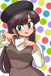  1girl alternate_costume aqua_eyes blush breasts brown_hair commentary earrings heart heart_hands jewelry kuonji_ukyou polka_dot polka_dot_background ranma_1/2 solo tongue tongue_out wanta_(futoshi) 