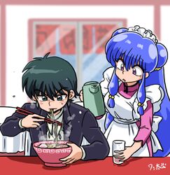  1boy 1girl black_hair blush breasts double_bun eating food glass hair_bun indoors noodles open_mouth ramen ranma_1/2 saotome_ranma shampoo_(ranma_1/2) signature violet_eyes waitress wanta_(futoshi) water 