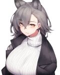  1girl absurdres animal_ear_fluff animal_ears arknights asymmetrical_bangs black_jacket braid breasts bright_pupils closed_mouth commentary crossed_bangs earrings expressionless extra_ears grey_hair hair_between_eyes highres jacket jewelry large_breasts long_hair looking_at_viewer mole penance_(arknights) ribbed_sweater rikuguma simple_background solo stud_earrings sweater turtleneck turtleneck_sweater upper_body white_background white_pupils wolf_ears wolf_girl yellow_eyes 