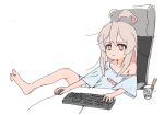  1girl ahoge baggy_clothes barefoot chair english_commentary gaming_chair hair_between_eyes highres keyboard_(computer) long_hair mouse_(computer) onii-chan_wa_oshimai! oversized_clothes oversized_shirt oyama_mahiro pipopainmyhouse ramen shirt single_bare_shoulder sitting solo swivel_chair white_background 