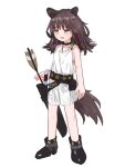  1girl animal_ears ankle_boots arknights arrow_(projectile) black_collar black_footwear boots brown_hair collar dress full_body hair_ornament kamihine long_hair lunacub_(arknights) pouch quiver simple_background solo standing tail white_background white_dress wolf_ears wolf_girl wolf_tail yellow_eyes 