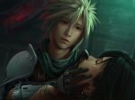  1boy 1girl absurdres arm_guards armor black_gloves black_hair blonde_hair blue_eyes blue_jacket bruise caress closed_eyes cloud_strife commentary crisis_core_final_fantasy_vii earrings english_commentary final_fantasy final_fantasy_vii final_fantasy_vii_rebirth final_fantasy_vii_remake gloves green_scarf hand_on_another&#039;s_face highres indoors injury jacket jewelry lips long_hair looking_at_another official_alternate_costume safaiaart scarf shinra_infantry_uniform short_hair shoulder_armor spiky_hair tifa_lockhart unconscious upper_body 