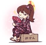  ;) black_eyes box brown_hair cardboard_box closed_mouth collared_shirt comb commentary_request employee_(lobotomy_corporation) floral_print hand_fan hatake_shimeji holding holding_fan jinbei_(clothes) lobotomy_corporation long_hair long_sleeves necktie no_nose one_eye_closed ponytail project_moon sandals shirt sitting sitting_on_box smile translation_request v-shaped_eyebrows white_necktie white_shirt 