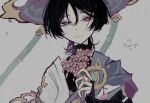  1boy bishounen black_hair bouquet ff9900 flower genshin_impact hand_up hat holding holding_flower japanese_clothes looking_at_viewer male_focus scaramouche_(genshin_impact) short_hair smile solo upper_body violet_eyes wanderer_(genshin_impact) 