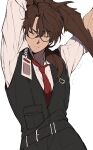  1boy absurdres arthropod_limbs belt brown_hair closed_eyes facial_hair gregor_(limbus_company) highres id_card limbus_company male_focus necktie ouc ponytail project_moon shirt solo stretching stubble vest white_shirt 