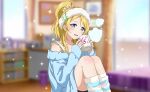 ayase_eli blonde_hair blue_eyes blush dress long_hair love_live!_school_idol_festival_2 love_live!_school_idol_project ponytail smile