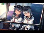  2girls akatsuki_(kancolle) anchor_symbol bag black_headwear black_sailor_collar black_skirt black_thighhighs blush bus_interior closed_eyes collarbone drooling flat_cap grey_hair hair_between_eyes hat hibiki_(kancolle) kantai_collection long_hair long_sleeves multiple_girls neckerchief o-sirius open_mouth pleated_skirt purple_hair red_neckerchief sailor_collar school_uniform serafuku sitting skirt sleeping thigh-highs 