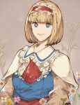  1girl alice_margatroid aojirozame1228 ascot blonde_hair blue_dress blue_eyes bob_cut capelet dress flower frilled_ascot frilled_dress frills highres lips long_sleeves red_ascot short_hair smile solo touhou white_capelet 