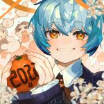  &gt;_&lt; 1boy 2022 2girls absurdres angela_(project_moon) blue_coat blue_hair chinese_zodiac coat collared_shirt fingernails flower food frilled_sleeves frills fruit hamelon310 happy highres holding holding_food holding_fruit library_of_ruina mandarin_orange multiple_girls myo_(project_moon) project_moon roland_(library_of_ruina) shirt short_hair smile solo_focus upper_body white_flower white_shirt year_of_the_rabbit yellow_eyes 