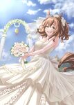  1girl absurdres animal_ears aston_machan_(umamusume) bare_shoulders blush bouquet breasts bridal_veil brown_hair clouds cloudy_sky collarbone cowboy_shot dress green_eyes highres holding holding_bouquet horse_ears horse_girl horse_tail kokage_yugure looking_at_viewer medium_breasts medium_hair open_mouth sky smile solo strapless strapless_dress tail umamusume veil wedding wedding_dress 
