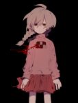 1girl arms_at_sides black_background bleeding blood blood_on_clothes blood_splatter braid closed_mouth commentary_request cowboy_shot dripping_eye expressionless floating_hair half-closed_eyes higa423 light_blush light_brown_hair long_hair long_sleeves looking_at_viewer madotsuki pink_sweater pleated_skirt print_sweater red_eyes red_skirt simple_background skirt solo sweater turtleneck turtleneck_sweater twin_braids unusually_open_eyes yume_nikki 