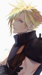  1boy armor black_gloves blonde_hair blue_eyes blue_sweater closed_mouth cloud_strife commentary crossed_arms earrings final_fantasy final_fantasy_vii final_fantasy_vii_remake from_side gloves hair_between_eyes highres jewelry looking_to_the_side male_focus mim_(mimya0600) short_hair shoulder_armor signature simple_background single_bare_shoulder sleeveless sleeveless_turtleneck solo spiky_hair stud_earrings suspenders sweater turtleneck turtleneck_sweater upper_body 